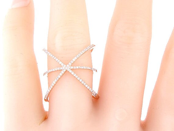 14K Rose Gold Diamond X Band Fashion Band Wedding Band Anniversary Band Right Hand Ring Criss Cross Band Split Shank White Gold Yellow Gold