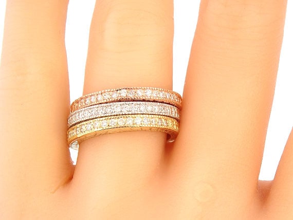 14K Tri Color Diamond Wedding Band Art Deco Band Antique Band Engagement Band Stackable Band Anniversary Rose Gold Yellow Gold White Gold