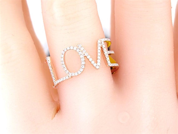 14K Rose Gold Diamond LOVE Band Wedding Band Stackable Band Anniversary Band Promise Ring Art Deco Antique Band Yellow Gold White Gold