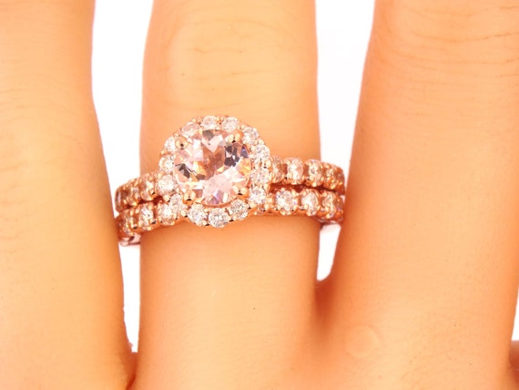 14K Rose Gold Diamond Halo & Round Brillaint Morganite Wedding Set Engagement Ring Wedding Ring Split Shack Yellow Gold White Gold Platinum