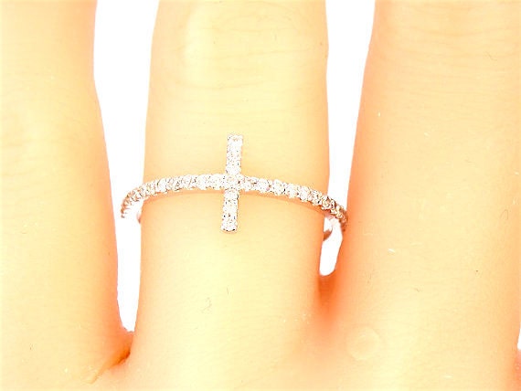 14K White Gold Diamond Cross Ring Promise Ring Sideways Cross Ring Anniversary Band Wedding Band Yellow Gold Rose Gold 18K Platinum -SJ764WG