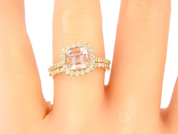 14K Yellow Gold Diamond & Cushion Cut Morganite Wedding Set Engagement Ring Wedding Ring Promise Ring Classic Halo Art Deco Antique White