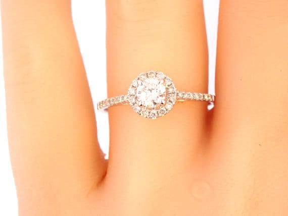 14K White Gold Round Brilliant Halo Cluster Engagement Ring Art Ring Antique Wedding Ring Promise Ring Bridal Ring Solitaire Ring Rose Gold