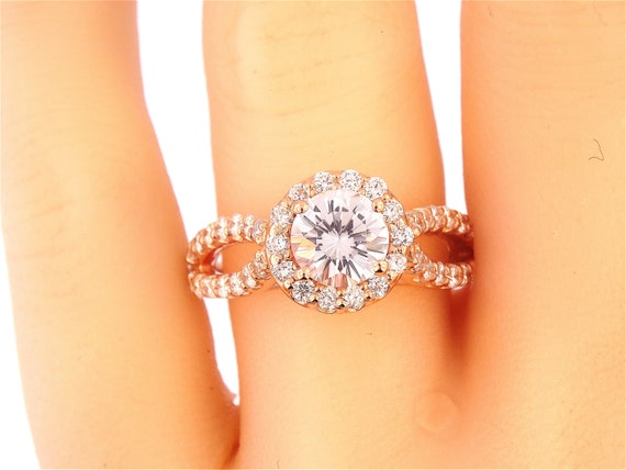 14K Rose Gold Halo Round White Sapphire Diamond Engagement Ring Wedding Ring Promise Ring Anniversary Ring Antique Ring Art Deco Ring White