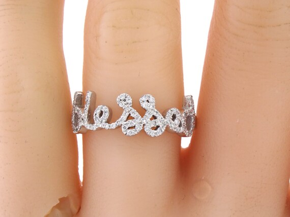 14K White Gold Diamond BLESSED Band Right Hand Ring Fashion Jewelry Stackable Band Blessed Ring Yellow Gold Rose Gold Promise Ring Band 18K