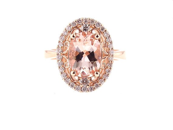 14 Karat Rose Gold Diamond and Natural Oval Shape Morganite Halo Engagement Ring Wedding Ring Antique Ring Art Deco Ring Halo Ring Promise