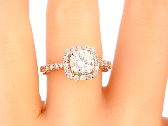 14K Rose Gold Diamond Halo w/ 6.5MM Cushion Cut Forever Brilliant Moissanite Engagement Ring Wedding Ring Art Deco Antique Ring Yellow White