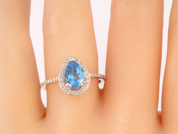 14K White Gold Diamond Pear Shape Blue Topaz Halo Engagement Ring Anniversary Ring Promise Ring Wedding Ring Art Deco Style Antique Style