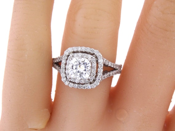 14K White Gold Diamond Double Halo 2.00 Carat Cushion Cut Diamond Center Stone Engagement Ring Wedding Ring Split Shank Yellow White Gold
