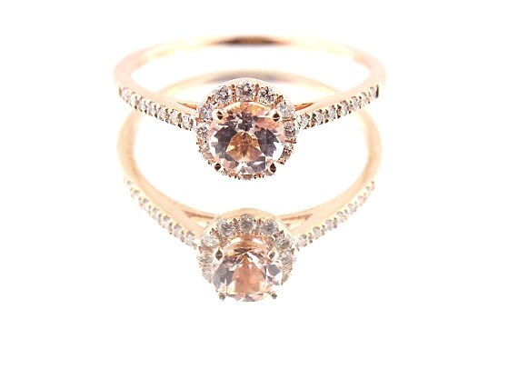 14K Rose Gold Diamond and Natural Morganite Halo Engagement Ring Wedding Ring Classic Solitaire Ring Yellow Gold White Gold Antique Design