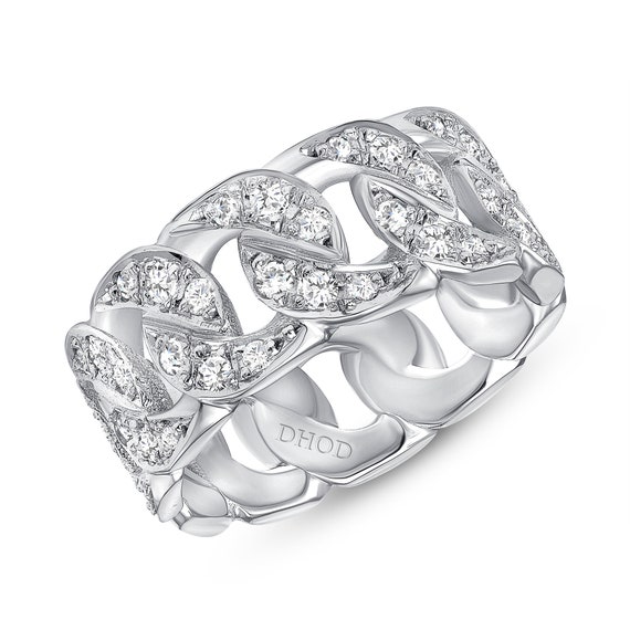 14K White Gold Diamond Link Band Anniversary Band Stackable Band Miami Cuban Link Band Wedding Band Right Hand Ring Fashion Yellow Rose Gold