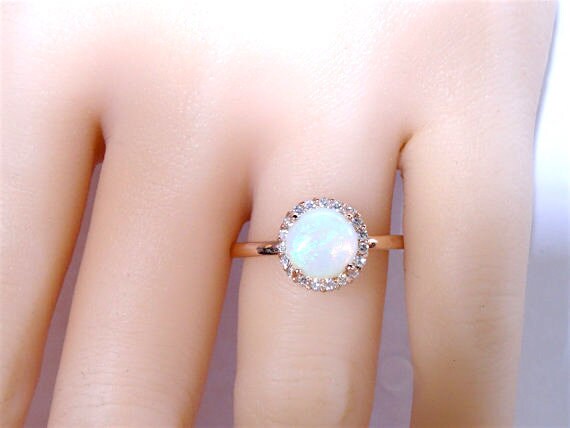 14K Rose Gold Natural Opal and Diamond Halo Ring Antique Art Deco Solitare Engagement Ring Wedding Ring Promise White Gold Yellow Gold 18K
