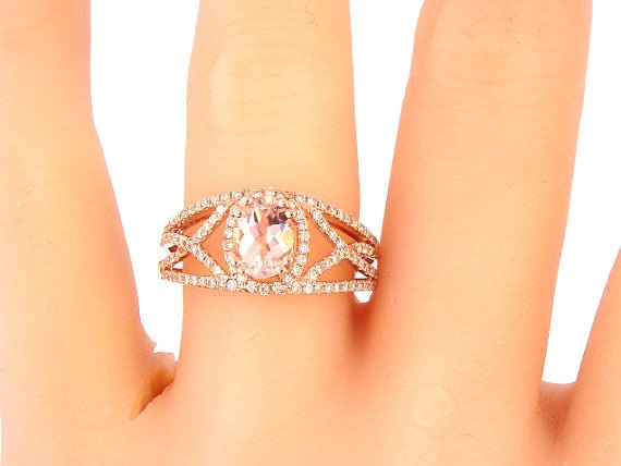 14K Rose Diamond & Oval Shape Morganite Engagement Ring Wedding Ring Art Deco Antique Ring Promise Ring Infinity Design Yellow White Gold