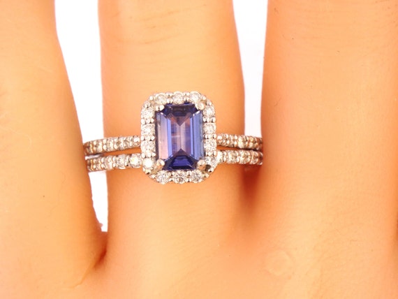 14K White Gold Emerald Cut Tanzanite Diamond Engagement Set Wedding Set Anniversary Ring Promise Ring Art Deco Antique Yellow Gold White