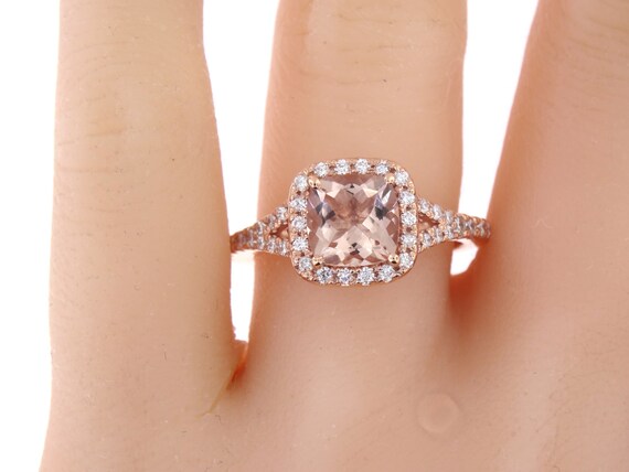 14 Karat Rose Gold Diamond & Natural Cushion Cut Morganite Wedding Ring Antique Ring Art Deco Ring Engagment Ring White Gold Yellow Gold 18K