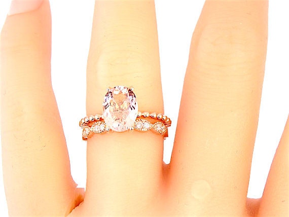 14 Karat Rose Gold Diamond Oval Shape Morganite Wedding Set Wedding Ring Engagment Ring Promise Ring Anniversary Ring White Gold Yellow Gold
