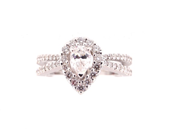 14K White Gold Diamond Halo Ring Pear Shape Art Deco Antique Engagement Ring Wedding Ring X Criss Cross Split Shack Rose Gold Yellow Gold