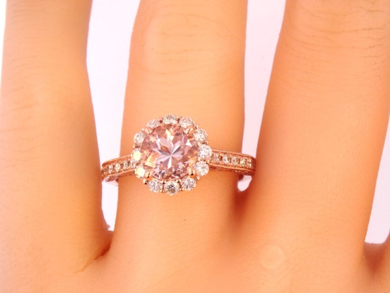 14K Rose Gold Diamond Round Morganite Engagement Ring Wedding Ring Art Deco Ring Antique Ring Promise Ring Pave Ring Yellow Gold White Gold