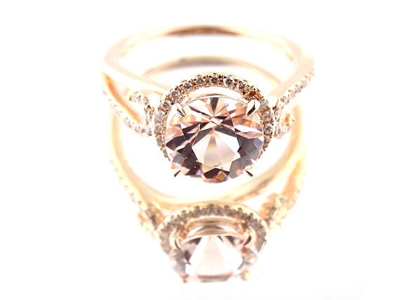 14K Rose Gold Diamond and Natural Morganite Halo Engagement Ring Wedding Ring Art Deco Design Antique Design Classic Halo Yellow White Gold