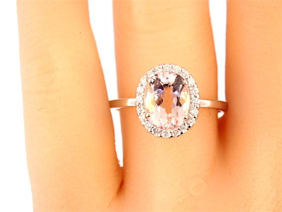 14K White Gold Oval Shape Morganite & Diamond Halo Engagement Ring Wedding Ring Anniversary Ring Art Deco Ring Antique Ring Yellow Rose Gold