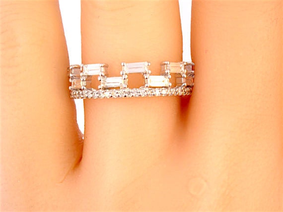 14K White Gold Diamond Baguette Band Wedding Band Anniversary Band Promise Ring Stackable Band Right Hand Ring Yellow Gold Rose Gold Antique