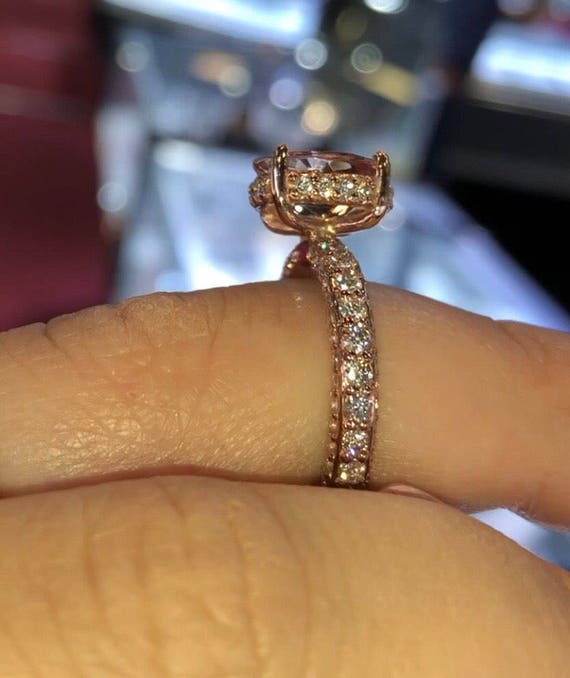 14 Karat Rose Gold Diamond Oval Shape Morganite Under Halo Wedding Ring Engagement Ring Promise Ring Anniversary Ring White Gold Yellow Gold