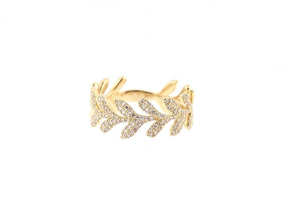 14K Yellow Gold Diamond Leaf Band Anniversary Band Wedding Band Stackable Band Fashion Band Promise Ring Rose Gold White Gold