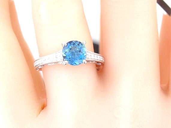 14K White Gold Diamond and Natural Blue Topaz Engagement Ring Wedding Ring Anniversary Ring Art Deco Ring Antique Ring Promise Ring Platinum