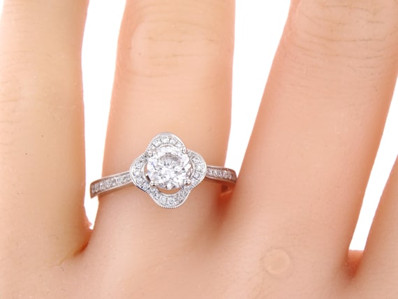 14K White Gold 1.00 Carat Diamond Flower Halo Engagement Ring Wedding Ring Anniversary Ring Floral Design Vintage Rose Gold Yellow Gold 18K