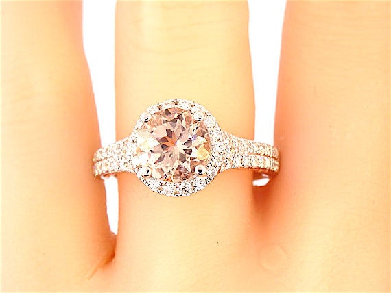 14K White and Rose Gold Halo Round Morganite Diamond Engagement Ring Wedding Ring Promise Ring Anniversary Ring Halo Ring Art Deco Ring