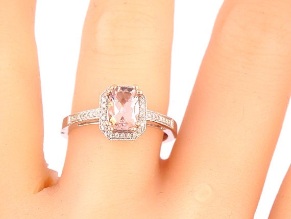 14K White Gold Emerald Cut Morganite Diamond Halo Engagement Ring Wedding Ring Anniversary Ring Bridal Ring Art Deco Ring Rose Gold Yellow