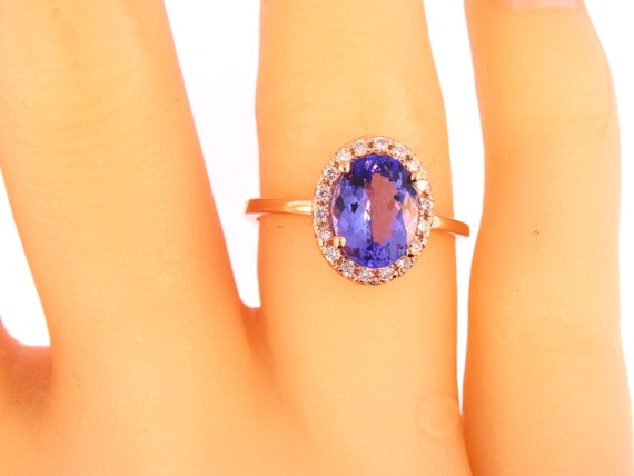 14K Rose Gold Oval Shape Tanzanite & Diamond Halo Engagement Ring Wedding Ring Anniversary Ring Art Deco Ring Antique Ring Yellow White Gold