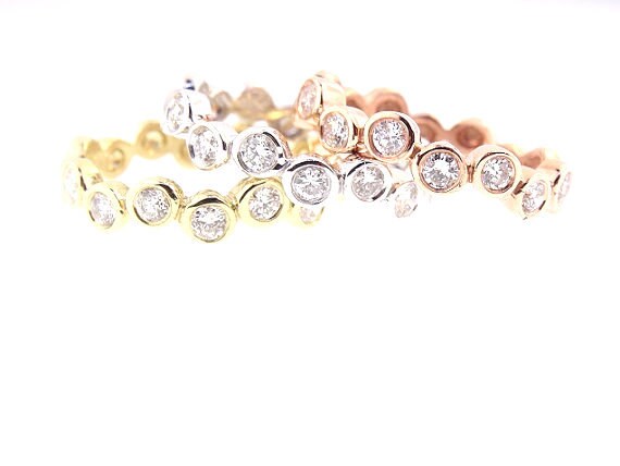 14K Tri-Color Bezel Set Diamond Band Anniversary Band Wedding Band Stackable Band Promise Ring Yellow Gold White Gold Rose Gold Platinum 18K