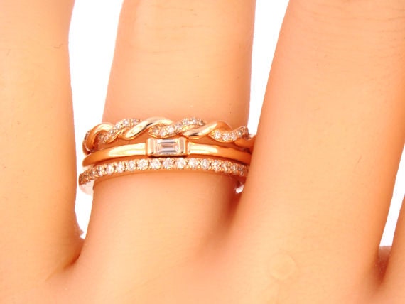3 Rings 14K Rose Gold Baguette Diamond Bands Anniversary Bands Antique Bands Art Deco Bands Stackable Bands Infinity White Gold Yellow Gold