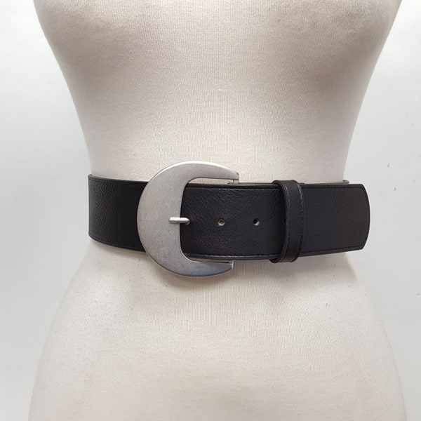 Non-Leather, Vegan Wide Belt with Moon Shape Buckle