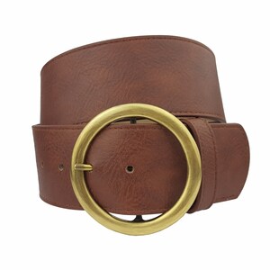 Non-Leather, Vegan Wide Belt with Round Buckle Brown