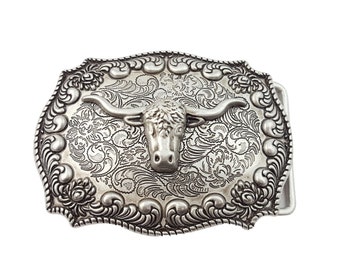 Western Antique Silver Long Horn Design Belt Buckle