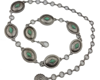 Western-Inspired, Oval Matte Silver Concho Chain Belt