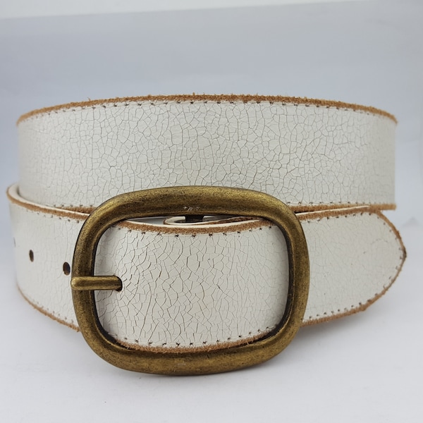 Vintage White Leather belt with distress burnish edge