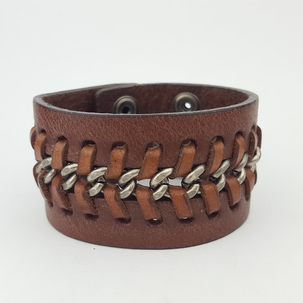 Brown Biker Chain-Laced Leather Cuff