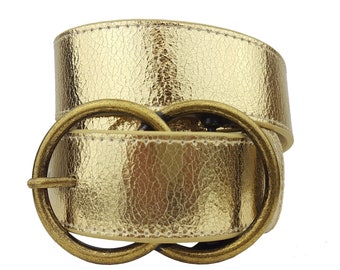 Metallic Leather Belt with Trendy Eternity Buckle