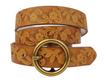 Skinny Round Buckle Belt in hand-Painted floral tooled belt