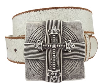 Vintage Leather belt with Crystal Cross Square Buckle