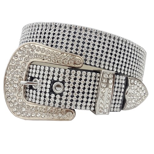 Ladies White Lace Overlay Crystal Stud Leather Belt
