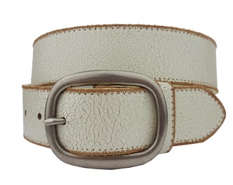 Vintage White Leather belt with distress burnish edge