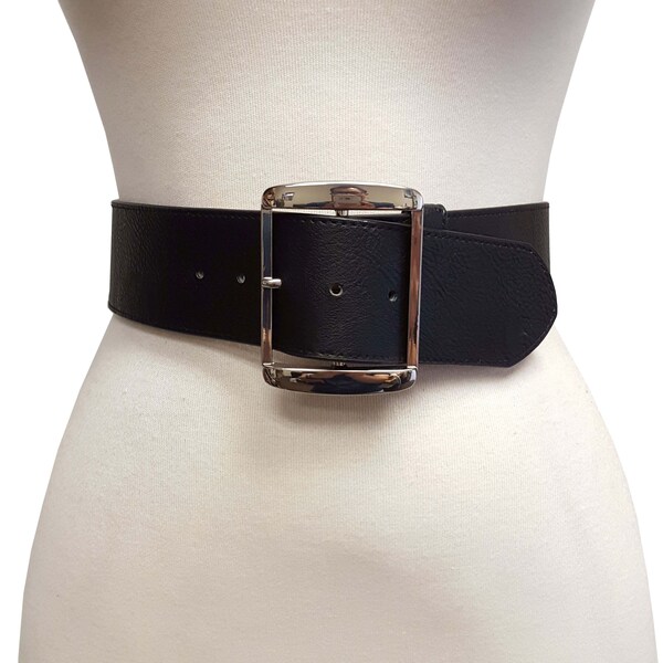 Non-Leather, Vegan Wide Belt with Silver Square buckle