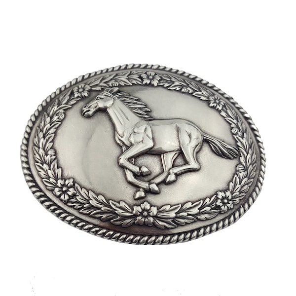 Western Oval Belt Buckle with Galloping Horse Design