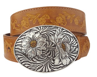 Western Floral Buckle with Vintage Hand Painted Tooled Belt