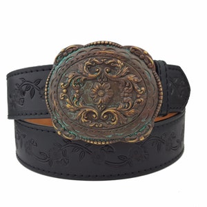 Western Floral Embossing Belt with Brass Patina Buckle