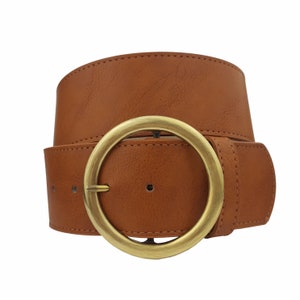 Non-Leather, Vegan Wide Belt with Round Buckle Tan